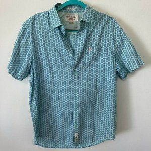 Penguin Blue & Aqua Short Sleeve Button Down Collared Polkadot Print Shirt Large